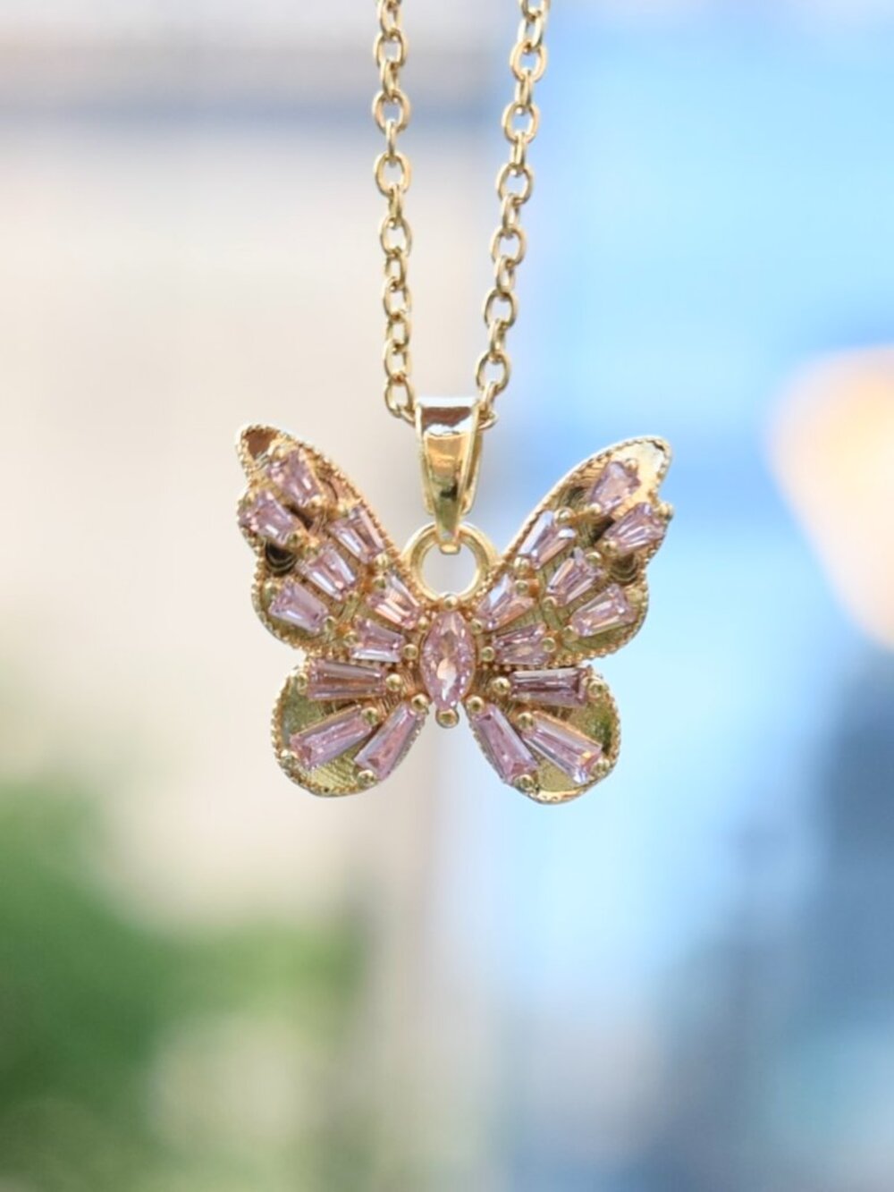Purple Butterfly Crystals Charm Necklace - Stainless Steel Chain